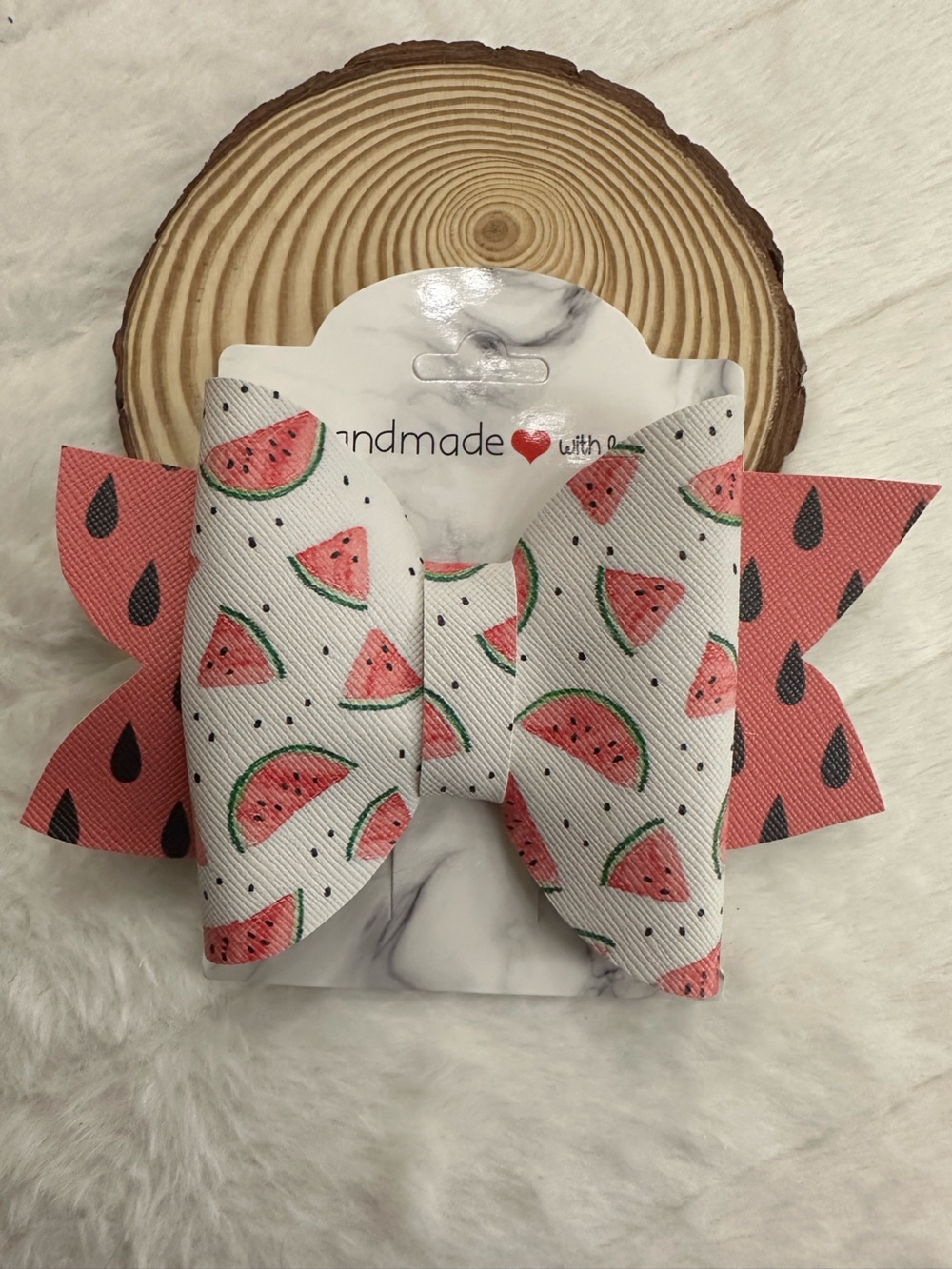 Handmade Kids Watermelon Bow Hair Clip - Pink & White
